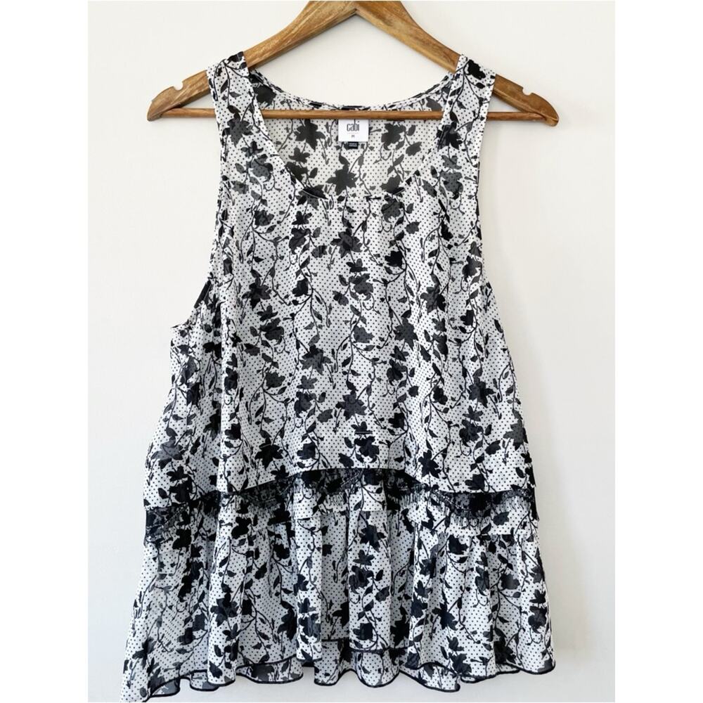 CAbi Black & White Floral Ruffle Tiered Tank Size Medium LIKE NEW
